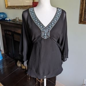 White House Black Market Womens Small Wing Sleeve Top Black Bead Embroidery 120